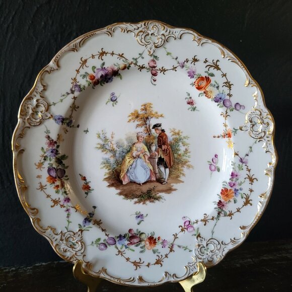 Antique Meissen Deep Plate Courting Couple Romantic Scene Floral Design 8.75" - Picture 1 of 8